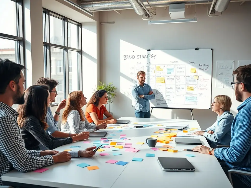 A vibrant image showcasing a team brainstorming brand strategy ideas in a modern office setting, reflecting Digital Chef's collaborative approach to brand development.