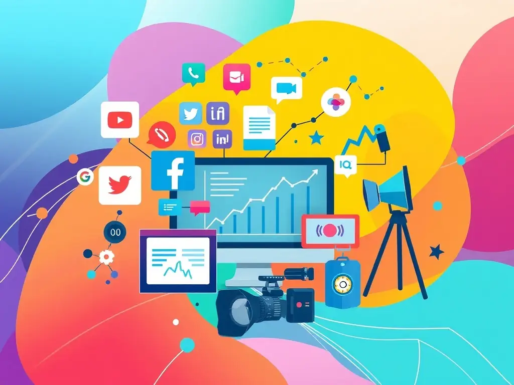 A dynamic image featuring various social media platforms and digital marketing tools, illustrating Digital Chef's expertise in digital and social media marketing.